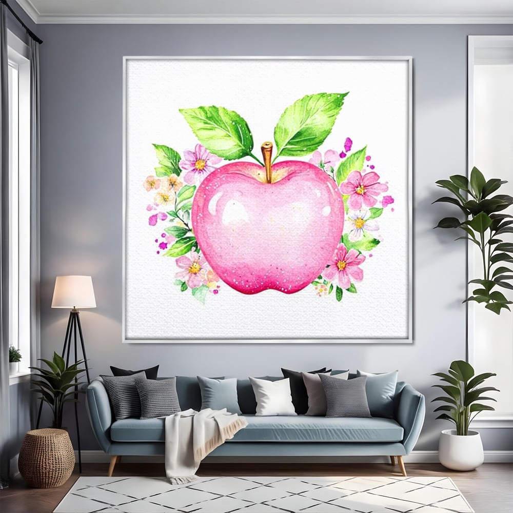 Tablou canvas cu tablou canvas cu mar roz si flori, in rama de aluminiu argintiu, pe perete intr-un living